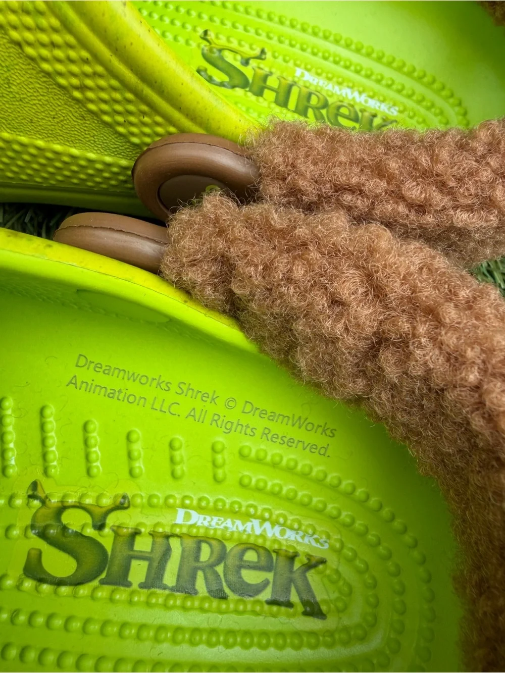NEW SHRECK CROCS Kids' Fuzzy-Lined Clogs in Neon Yellow with Brown Trim